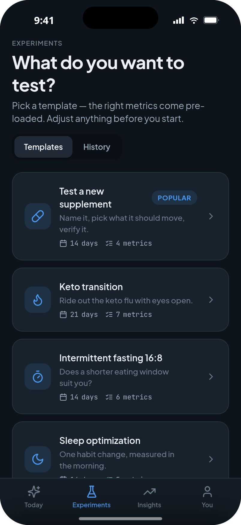 Esito app - the experiment templates screen